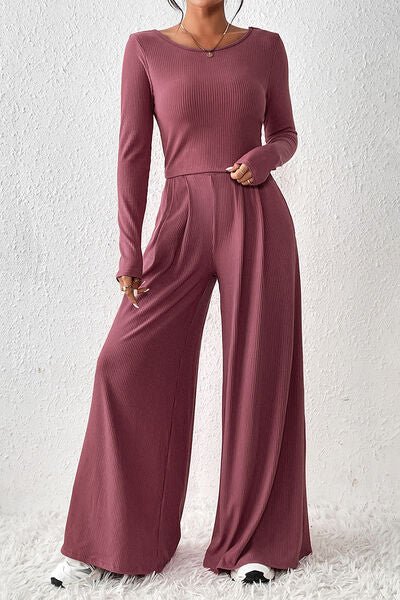 FleeceFlex Ribbed Round Neck Top and Wide-Leg Pants Set