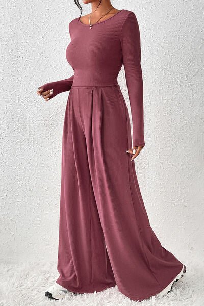 FleeceFlex Ribbed Round Neck Top and Wide-Leg Pants Set