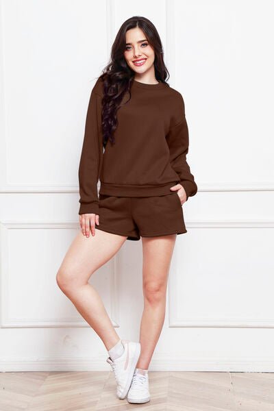 FleeceFlex Round Neck Long Sleeve Sweatshirt and Drawstring Shorts Set