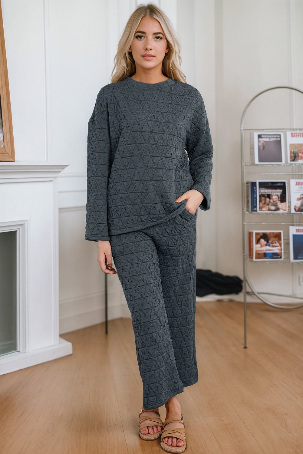 FleeceFlex Round Neck Top and Pocketed Pants Lounge Set