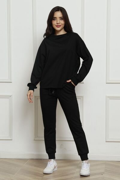 FleeceFlex Round Neck Long Sleeve Top and Drawstring Pants Set
