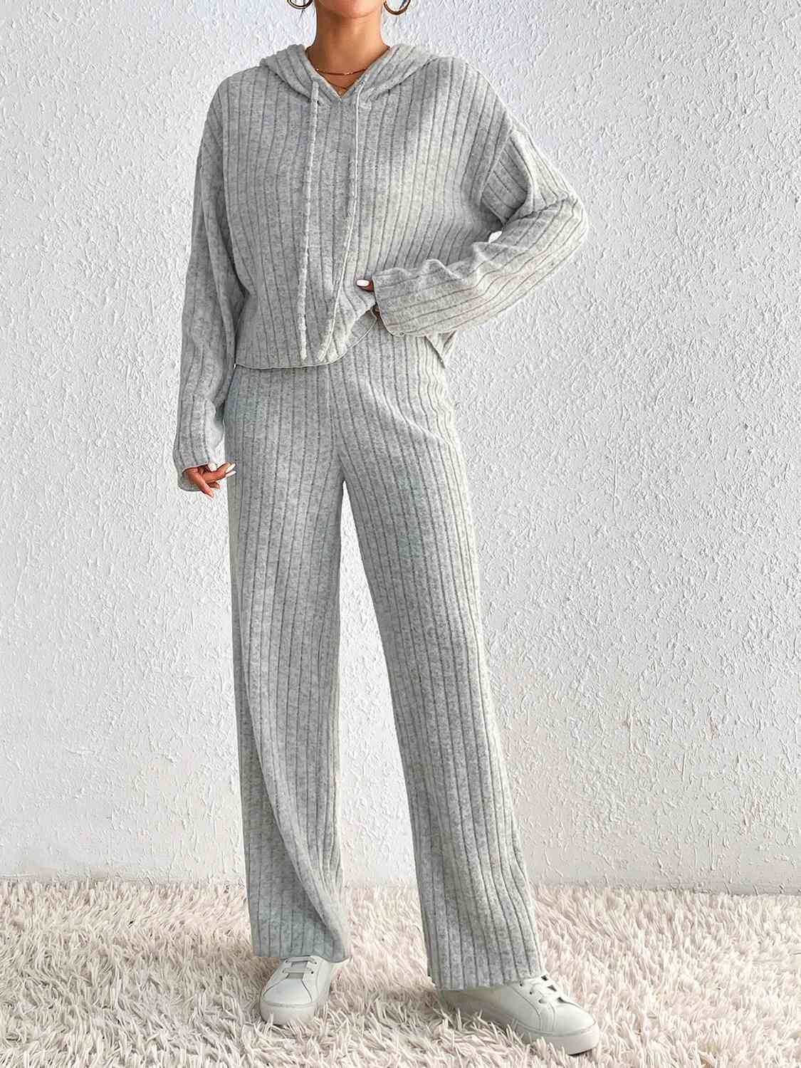 FleeceFlex Drawstring Ribbed Hoodie and Straight Leg Pants Set