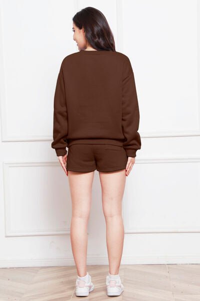 FleeceFlex Round Neck Long Sleeve Sweatshirt and Drawstring Shorts Set