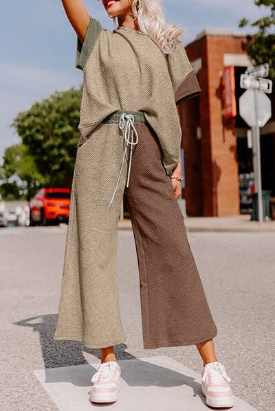 FleeceFlex Color Block Short Sleeve Top and Drawstring Pants Set