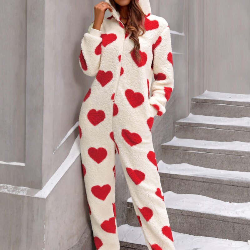 FleeceFlex Fuzzy Heart Zip Up Hooded Lounge Jumpsuit