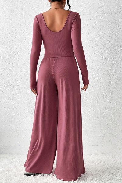 FleeceFlex Ribbed Round Neck Top and Wide-Leg Pants Set