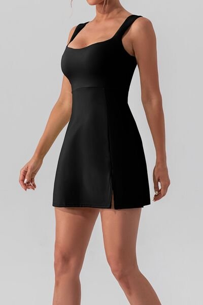 FleekGoddess Square Neck Sleeveless Slit Mini Active Dress
