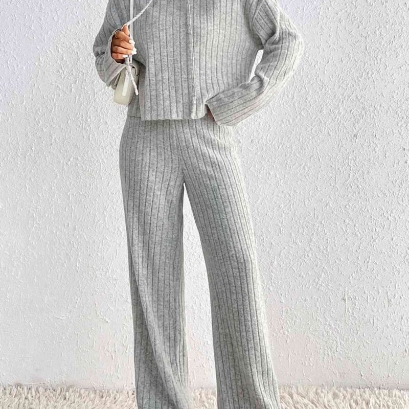 FleeceFlex Drawstring Ribbed Hoodie and Straight Leg Pants Set