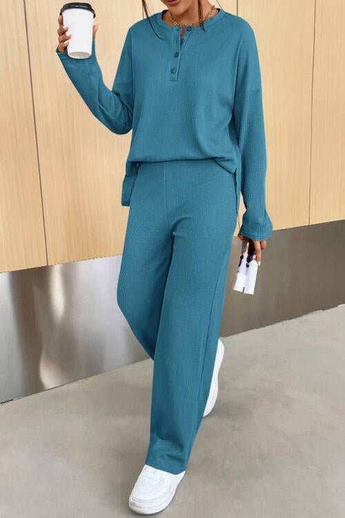 FleekGoddess Ribbed Half Button Top and Pants Set