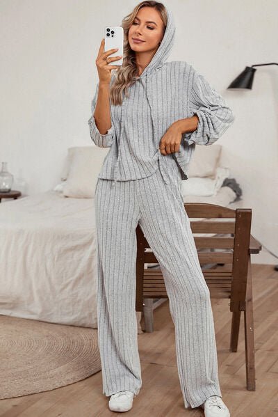 FleeceFlex Ribbed Drawstring Hoodie and Pants Lounge Set