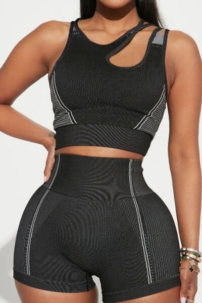 TrainTech Asymmetrical Neck Striped Tank and Shorts Set